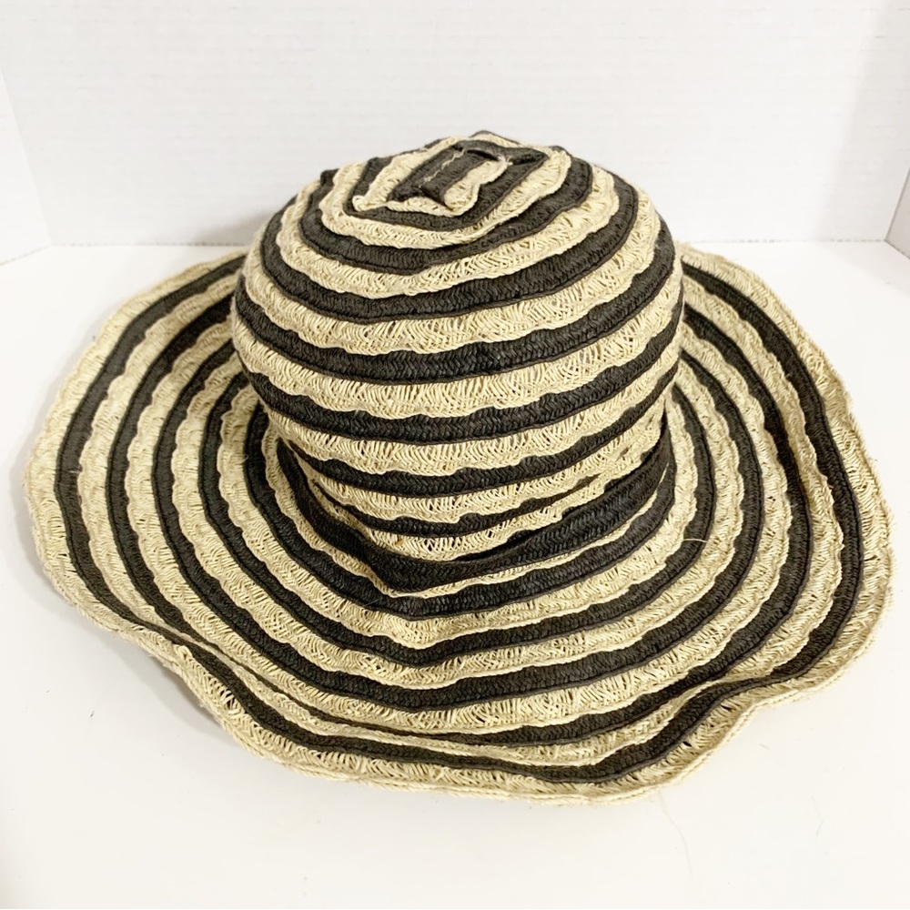 Sun N’ Sand Woven Paper Scalloped Black and Cream Beach Sun Hat Strap with Bow